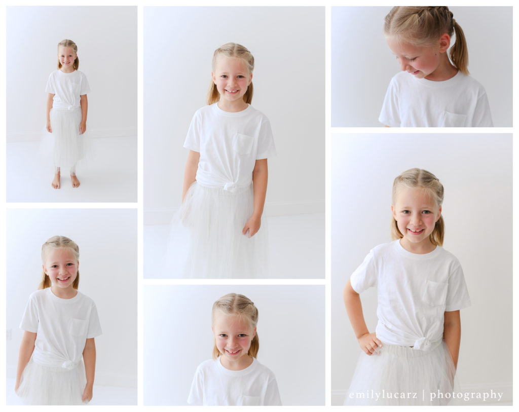 white photography studio, child in a white tutu, white outfit