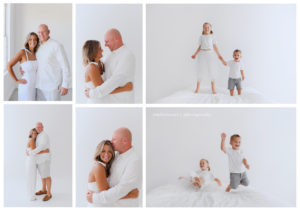 children jumping on the bed, parents hugging